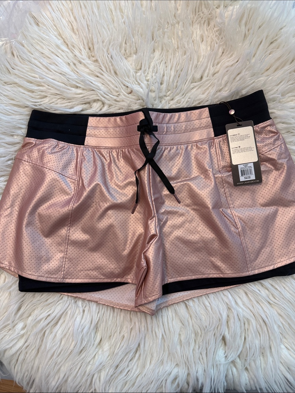 NWT CALIA by Carrie Underwood Metallic Pink Athletic Shorts with Black Waistband